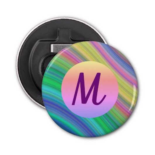 Monogram kleurrijke regenbooggolven button flesopener (Voorkant)
