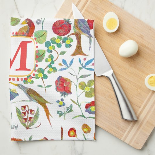 Monogram Kleurrijke Vogels Bloemenpatroon Theedoek (Quarter Fold)