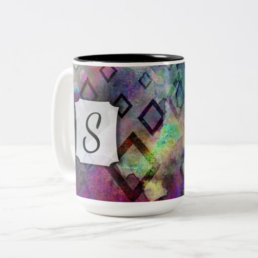Monogram, Kleurrijke Waterverf Abstract w / Diamon Tweekleurige Koffiemok (Voorkant links)