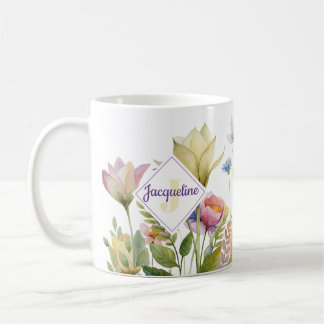 Monogram Kleurrijke Wilde Bloem Geïllustreerde Kof Koffiemok