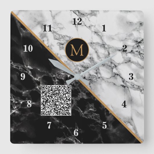 Monogram Klok Uw QR-code - Zwarte witte marmer (Voorkant)