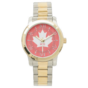 Monogram Knit Style Red Maple Leaf Knitting Motif Horloge