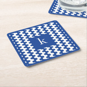 Monogram Kobaltblauw Kordaat Golfpatroon Vierkante Kartonnen Onderzetter