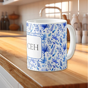 Monogram, kobaltblauw tropisch bladmotief 11oz koffiemok