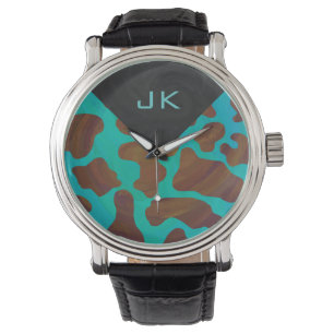 Monogram Koe Bruin en Blauwgroen afdrukken Horloge