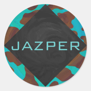 Monogram Koe Bruin en Blauwgroen afdrukken Ronde Sticker