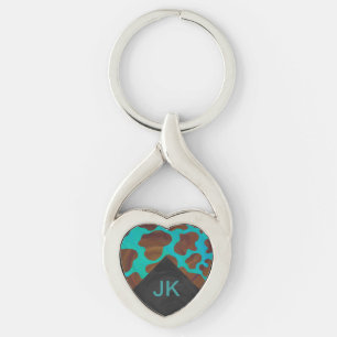 Monogram Koe Bruin en Blauwgroen afdrukken Sleutelhanger