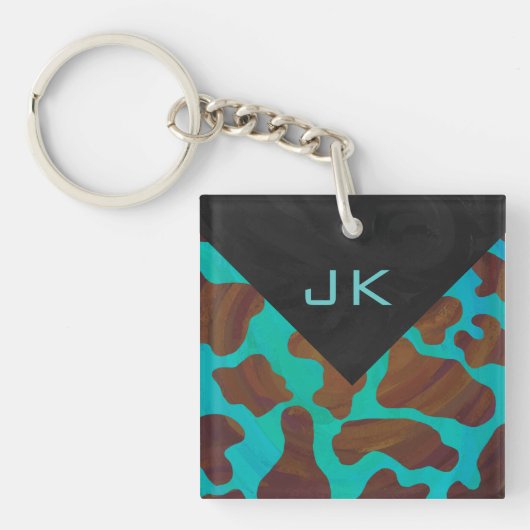 Monogram Koe Bruin en Blauwgroen afdrukken Sleutelhanger (Voorkant)