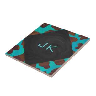 Monogram Koe Bruin en Blauwgroen afdrukken Tegeltje