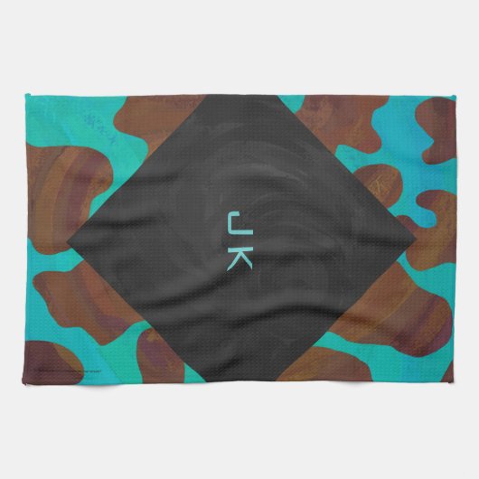 Monogram Koe Bruin en Blauwgroen afdrukken Theedoek (Horizontaal)