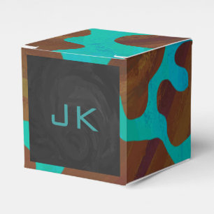 Monogram Koe Bruin en Turkoois Print Bedankdoosjes