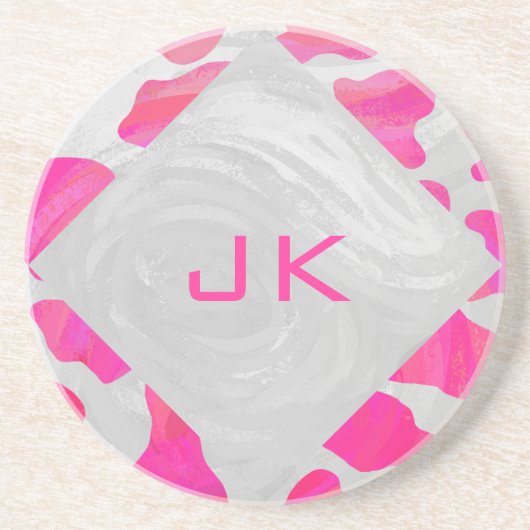 Monogram Koe Hot Pink en White Print Zandsteen Onderzetter (Voorkant)