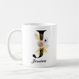 Monogram koffie-Mok - Initiaal J Black Floral Koffiemok