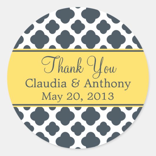 Monogram Kool met geel Quatrefoil Patroon Ronde Sticker (Voorkant)