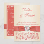 Monogram Koraal Champagne Floral bruiloft uitnodig Kaart (Voorkant / Achterkant)