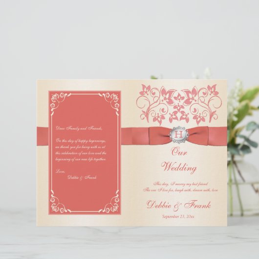Monogram koraal, Champagne Wedding Programme (Staand voorkant)