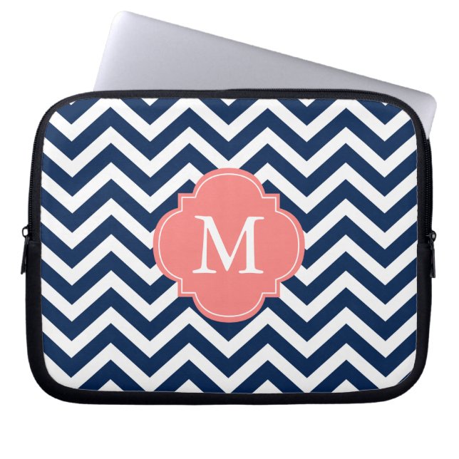 Monogram koraal en blauw Zigzags Laptop Sleeve (Voorkant)