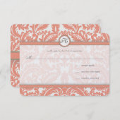 Monogram koraal en grijs Damask Wedding RSVP (Voorkant / Achterkant)