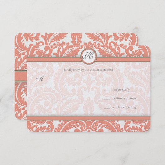 Monogram koraal en grijs Damask Wedding RSVP (Voorkant / Achterkant)