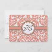 Monogram koraal en grijs Damask Wedding RSVP (Achterkant)