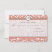 Monogram koraal en grijs Damask Wedding RSVP (Voorkant)