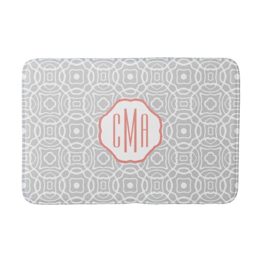 Monogram koraal en grijs Quatrefoil Badmat (Voorkant)