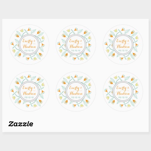 Monogram Koraal en Mint Modern Garland Ronde Sticker (Vel)