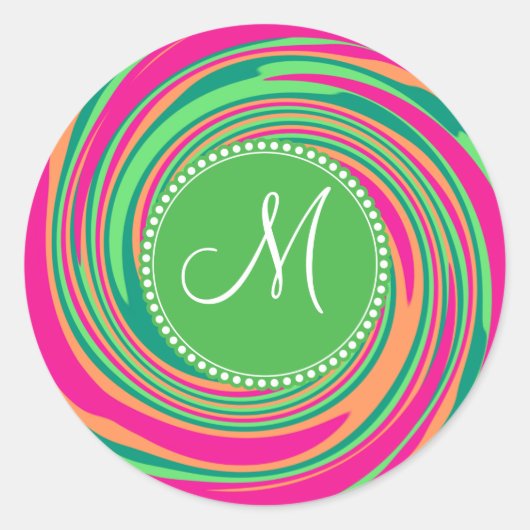 Monogram Koraal Heet Roze Groene Whirlpool Swirl Ronde Sticker (Voorkant)
