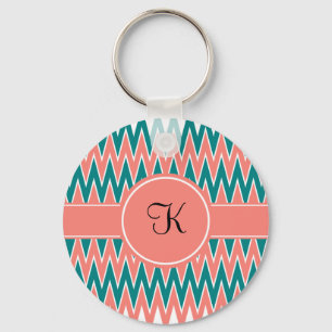 Monogram Koraal Roze en Blauwgroen Zigzag Patroon Sleutelhanger