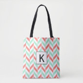 Monogram Koraal Roze en Mint Groene Herringbone Draagtas (Voorkant)