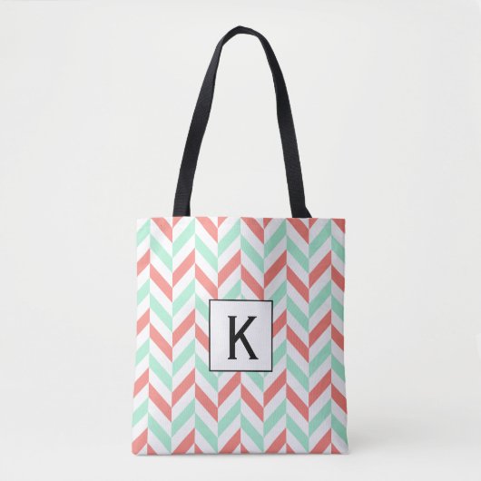 Monogram Koraal Roze en Mint Groene Herringbone Draagtas (Voorkant)