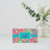 Monogram koraal Turquoise Modern Paisley Pattern Visitekaartje (Staand voorkant)