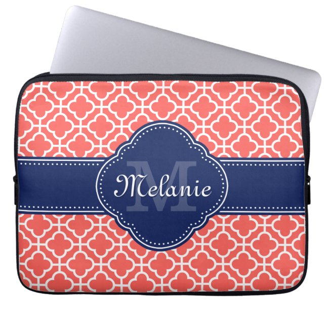 Monogram koraal Whton Moroccan Pattern Laptop Sleeve (Voorkant)