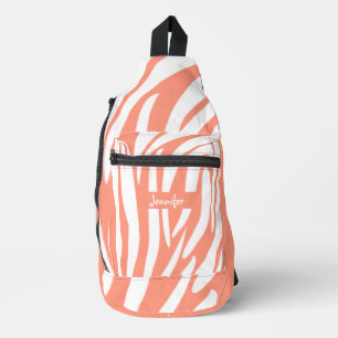 Monogram koraalroze gestreept zebrapatroon rendy sling bag