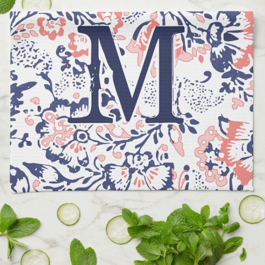 Monogram Koraalzeemacht Peach Floral Pattern Theedoek (Gevouwen)