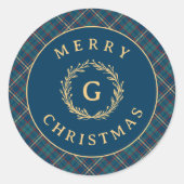  Monogram Krans Blauw Plaid Kerst Ronde Sticker (Voorkant)