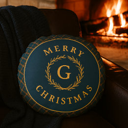  Monogram Krans Blauw Plaid Kerstfoto Rond Kussen