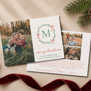 Monogram Krans Doodle Strik Elegant 4 Foto Familie Feestdagenkaart