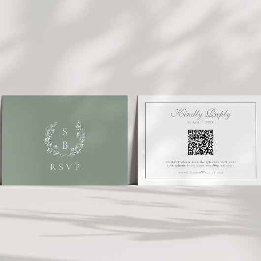 Monogram Krans Sage Groene QR Code Bruiloft RSVP Informatiekaartje