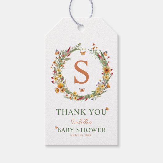 Monogram krans Wildbloemen Baby shower dank u Cadeaulabel (Voorkant)
