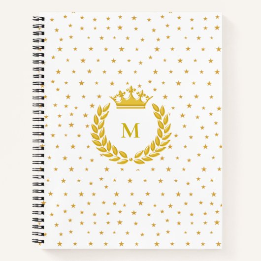 Monogram, Kroon, Laurel & Gold Stars op White Notitieboek (Voorkant)