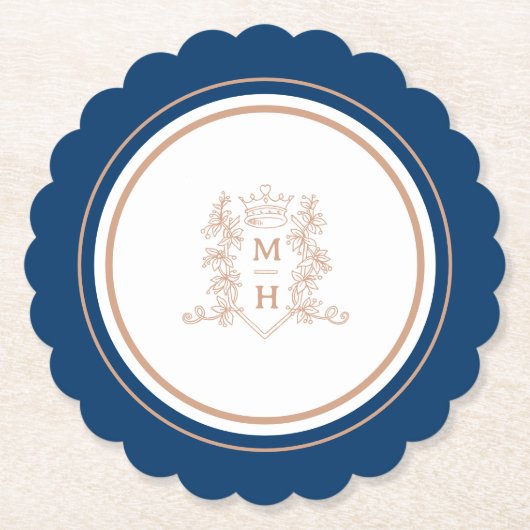 Monogram kroonkam roos goud donkerblauw bruiloft kartonnen onderzetters (Voorkant)