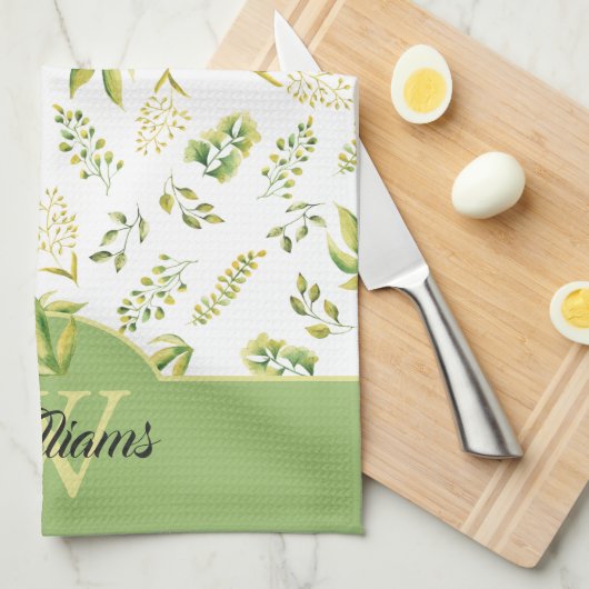 Monogram kruidengroen groen patroon op wit theedoek (Quarter Fold)