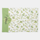 Monogram kruidengroen groen patroon op wit theedoek (Horizontaal)