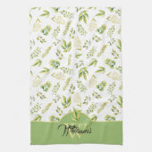 Monogram kruidengroen groen patroon op wit theedoek (Verticaal)