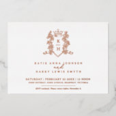 Monogram kuif hart kroon wit rose goud folie uitnodiging (Voorkant)