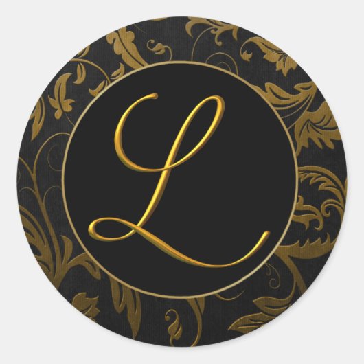 Monogram L Goud en Zwart Damast Bruiloft Seal Ronde Sticker (Voorkant)