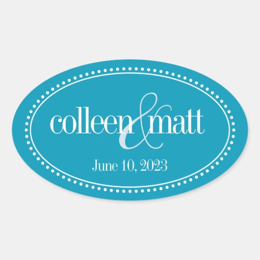 Monogram Label, Aqua, Caroline Wedding Ovale Sticker (Voorkant)