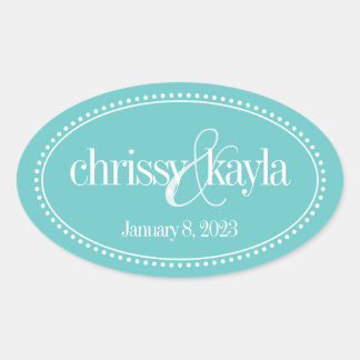 Monogram Label, Turquoise, Caroline Wedding Ovale Sticker