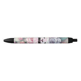 Monogram lace floral pink purple blue roses zwarte inkt pen